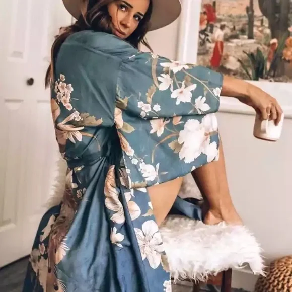 SOLD OUT Blue Floral Bohemian Peacock Kimono Duster Robe - Picture 3 of 7